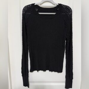Barbados Crochet Sleeve Chic Black Ribbed Sweater